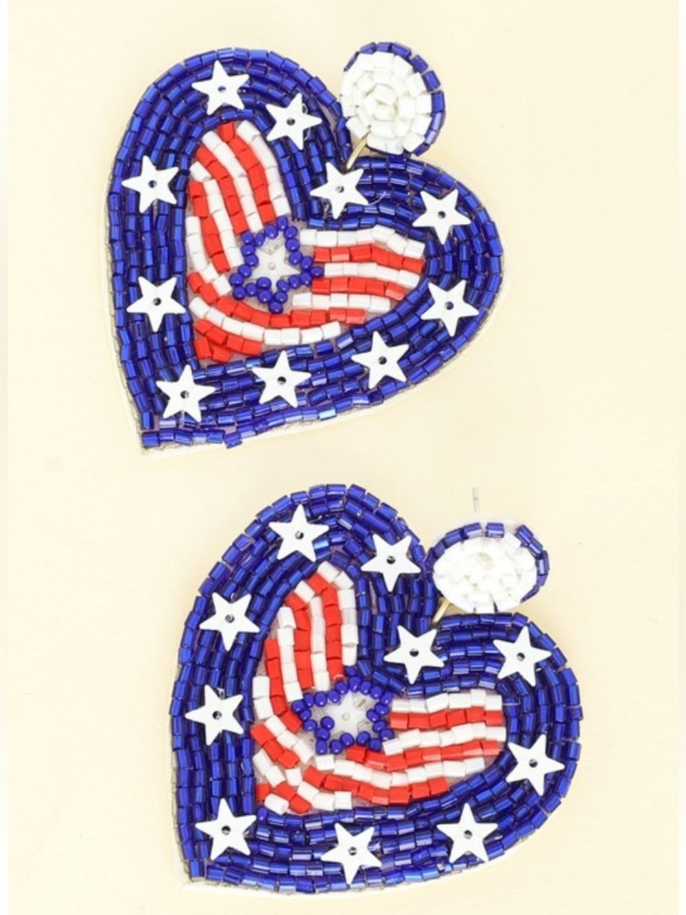 2030. Jeweled Heart patriotic beaded earrings red white